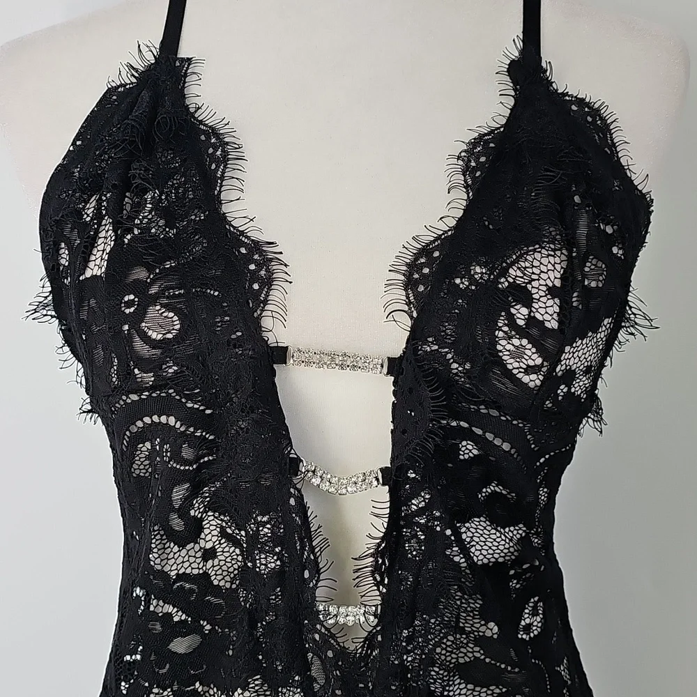 Sheer Black Lace Mini‎ Deep Vneck Nightgown w Crystal Embellishments Whimsigoth